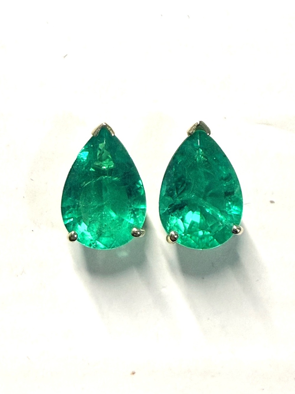 6 CTW Colombian Emerald Lab Grown Pear Shaped 14k Yellow Gold Stud Earrings